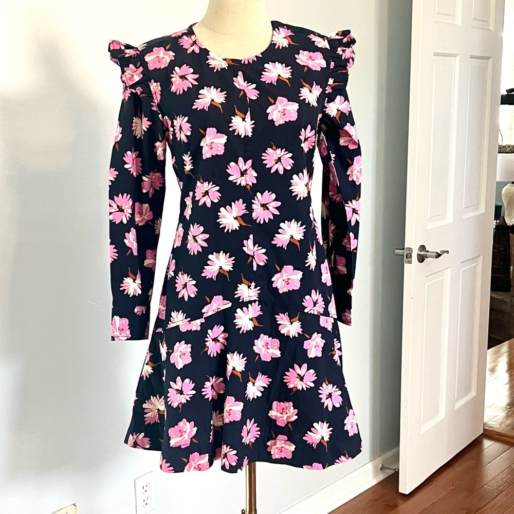 Free Assembly,Navy/Pink Floral, Ruffle Shoulder,Side Zip,Fit-Flare Dress Size XS - Picture 2 of 11